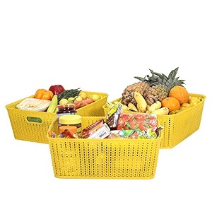 cutting edge woven storage basket with handle medium-set of 3yellow