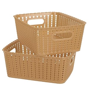 cutting edge plastic woven storage basket with handle smallset of 2beige