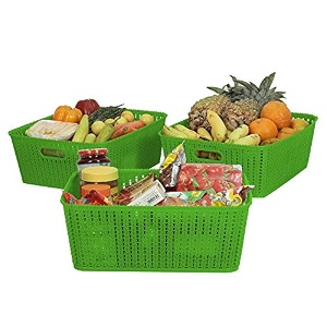 cutting edge plastic woven storage basket with handle medium-set of 3green