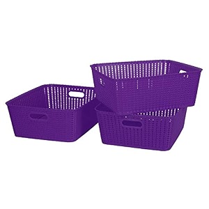 cutting edge woven storage basket with handle medium-set of 3purple
