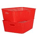 Cutting EDGE Plastic Woven Storage Basket with Handle Medium(Set of 2,Red)