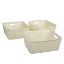 Cutting EDGE Plastic Woven Storage Basket with Handle Medium-Set of 3,White