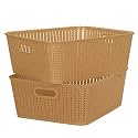 Cutting EDGE Plastic Woven Storage Basket with Handle Medium-Set of 2,Beige