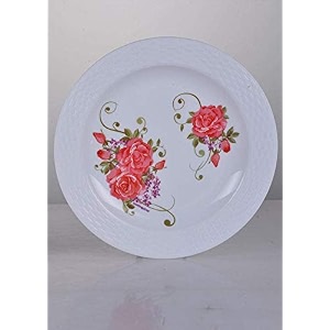 cutting edge plastic round woven design printed pink rose dinner plates set unbreakable microwave dishwasher freezer safe crockery set for kitchen home party big set of 8