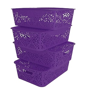 cutting edge plastic turkish storage basket with lidmediumpurple-set of 4