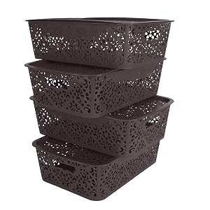 cutting edge plastic turkish storage basket with lidmediumbrownset of 4