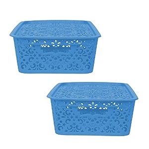 cutting edge plastic turkish storage basket with lidmediumblue set of 2