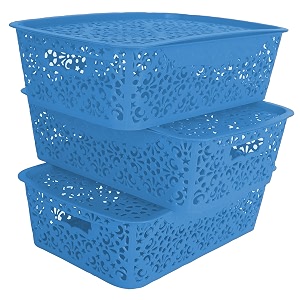 cutting edge plastic turkish storage basket with lidmediumblue set of 3