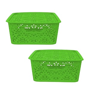 cutting edge plastic turkish storage basket with lidmediumgreenset of 2