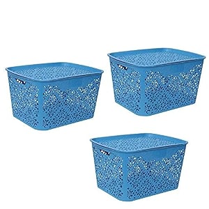 cutting edge plastic turkish storage basket with lidlargeblue set of 3