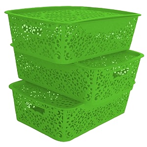 cutting edge plastic turkish storage basket with lidmediumgreenset of 3