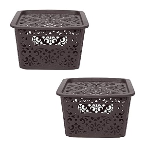cutting edge plastic turkish storage basket with lidsmallbrown set of 2