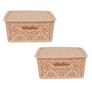 cutting edge plastic turkish storage basket with lidmediumbeigeset of 2