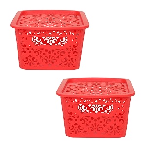 cutting edge plastic turkish storage basket with lid small red set of 2