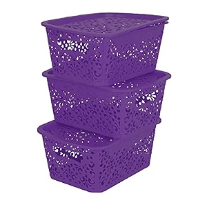 cutting edge plastic turkish storage basket with lidsmallpurpleset of 3