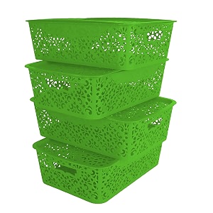 cutting edge plastic turkish storage basket with lidmediumgreenset of 4