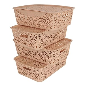 cutting edge plastic turkish storage basket with lidmediumbeigeset of 4