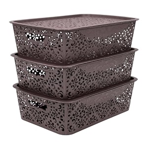 cutting edge plastic turkish storage basket with lidmediumbrownset of 3