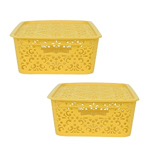 cutting edge plastic turkish storage basket with lidmediumyellow-set of 2