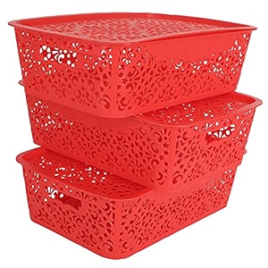 cutting edge plastic turkish storage basket with lidmediumred set of 3