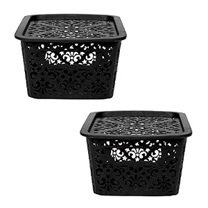 cutting edge plastic turkish storage basket with lidsmallblack set of 2