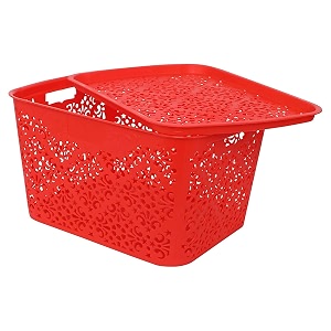 cutting edge plastic turkish storage basket with lid large red set of 1