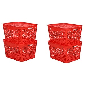 cutting edge plastic turkish storage basket with lid large red set of 4