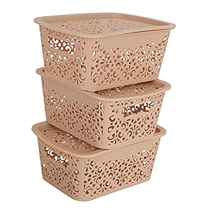 cutting edge plastic turkish storage basket with lidsmallbeige set of 3