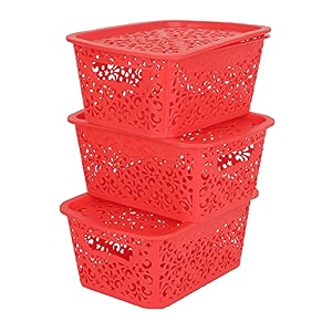 cutting edge plastic turkish storage basket with lid small red set of 3