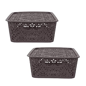 cutting edge plastic turkish storage basket with lidmediumbrownset of 2