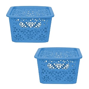 cutting edge plastic turkish storage basket with lidsmallblue set of 2