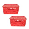 Cutting EDGE Plastic Turkish Storage Basket with Lid,Medium,Red (Set of 2)