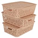 Cutting EDGE Plastic Turkish Storage Basket with Lid,Medium,Beige(Set of 3)