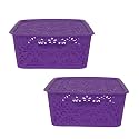Cutting EDGE Plastic Turkish Storage Basket with Lid,Medium,Purple-Set of 2