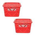 Cutting EDGE Plastic Turkish Storage Basket with Lid, Small, Red (Set of 2)