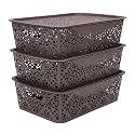 Cutting EDGE Plastic Turkish Storage Basket with Lid,Medium,Brown(Set of 3)