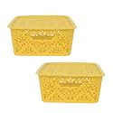 Cutting EDGE Plastic Turkish Storage Basket with Lid,Medium,Yellow-Set of 2