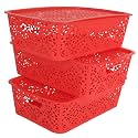 Cutting EDGE Plastic Turkish Storage Basket with Lid,Medium,Red (Set of 3)