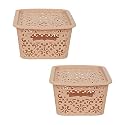 Cutting EDGE Plastic Turkish Storage Basket with Lid,Small,Beige (Set of 2)