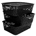 Cutting EDGE Plastic Turkish Storage Basket with Lid,Medium,Black(Set of 3)