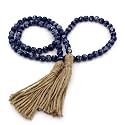 CVHOMEDECO. Wood Beads Garland with Tassels Farmhouse Rustic Wooden Prayer Bead String Wall Hanging Accent for Home Festival Decor. Navy Blue Stained