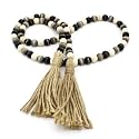 CVHOMEDECO. Wood Beads Garland with Tassels Farmhouse Rustic Wooden Prayer Bead String Wall Hanging Accent for Home Festival Decor. Black Grey Mix Distressed