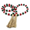 CVHOMEDECO. Wood Beads Garland with Tassels Farmhouse Rustic Wooden Prayer Bead String Wall Hanging Accent for Home Festival Decor. Black Grey Mix Distressed
