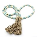 CVHOMEDECO. Wood Beads Garland with Tassels Farmhouse Rustic Wooden Prayer Bead String Wall Hanging Accent for Home Festival Decor. Teal Mix Distressed