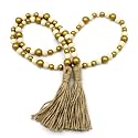 CVHOMEDECO. Wood Beads Garland with Tassels Farmhouse Rustic Wooden Prayer Bead String Wall Hanging Accent for Home Festival Decor. Gold Mix