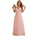 CWOAPO Women's Ruffles Sleeves Chiffon Bridesmaid Dresses for Wedding Long Pleated Blush Pink Plus Size V-Neck Evening Party Gown US18W