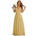 CWOAPO V Neck Bridesmaid Dresses for Wedding Long Chiffon Gold A Line Formal Evening Gowns with Ruffle Sleeves US6