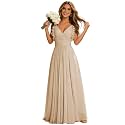 CWOAPO V Neck Bridesmaid Dresses for Women Long Ruffles Chiffon Spaghetti Straps A Line Pleated Formal Evening Gowns