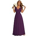 CWOAPO Long Chiffon Bridesmaid Dresses for Women 2025 A Line Plum Pleated V Neck Backless Ruffles Formal Evening Gowns US14