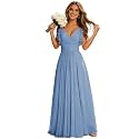 CWOAPO Dusty Blue Spaghetti Strap Bridesmaid Dresses Long for Women Ruffle Sleeves Floor Length Ruched Chiffon Formal Evening Dress US8